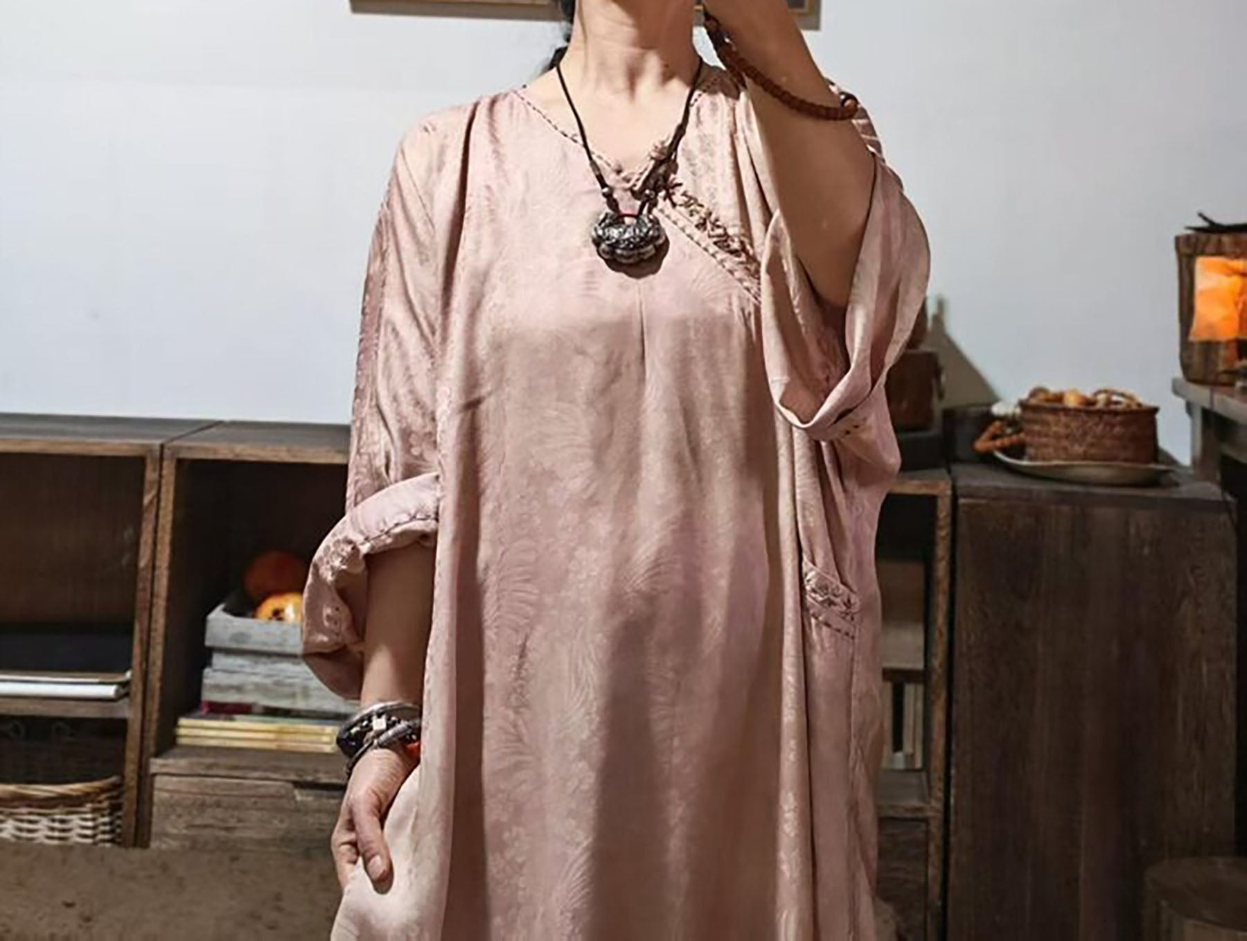edoa Dusty Pink Mulberry Silk Sakura Jacquard Chinese Blouse