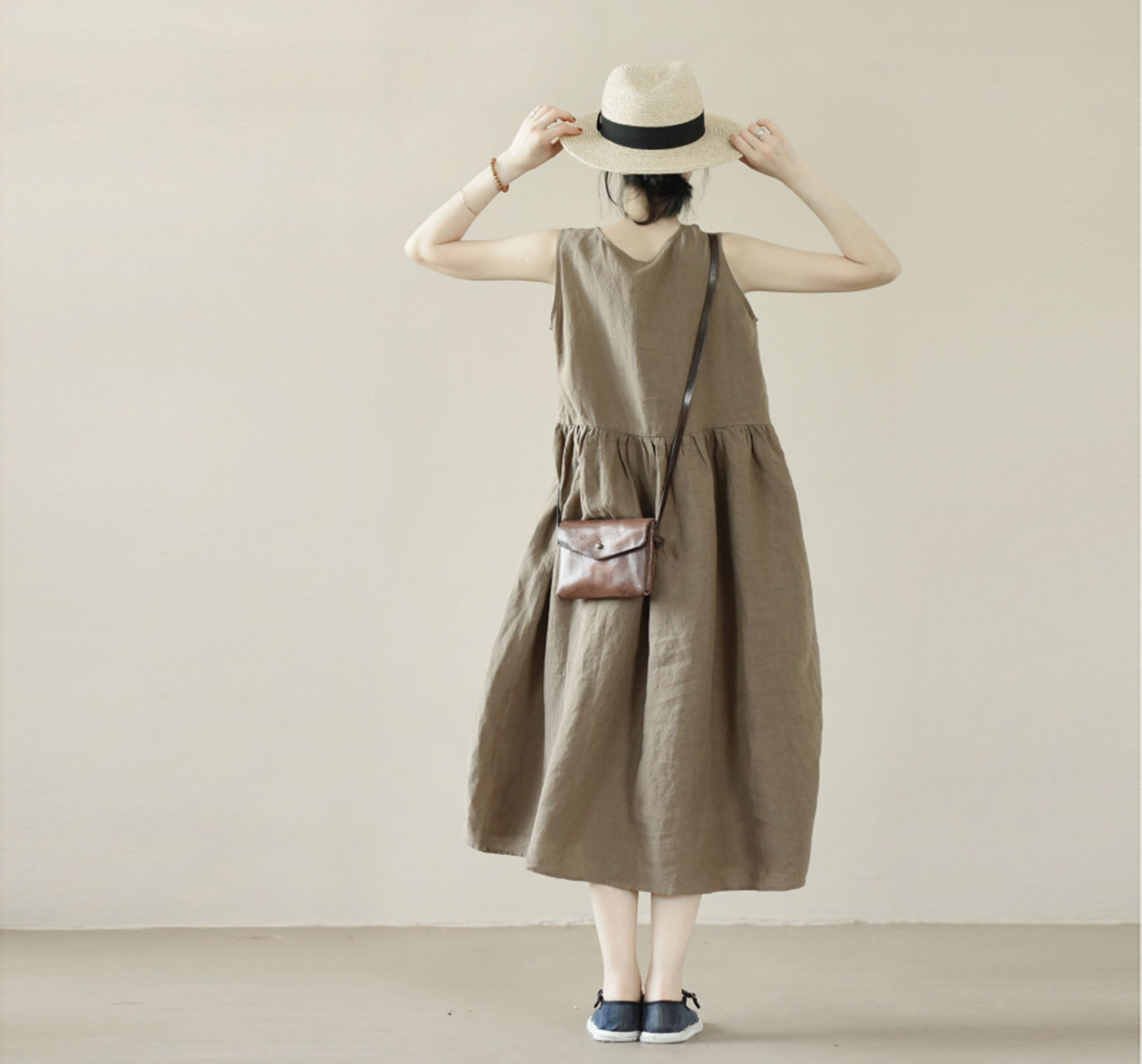 edoa Brown V-neckline High Waist Linen Sleeveless Dress