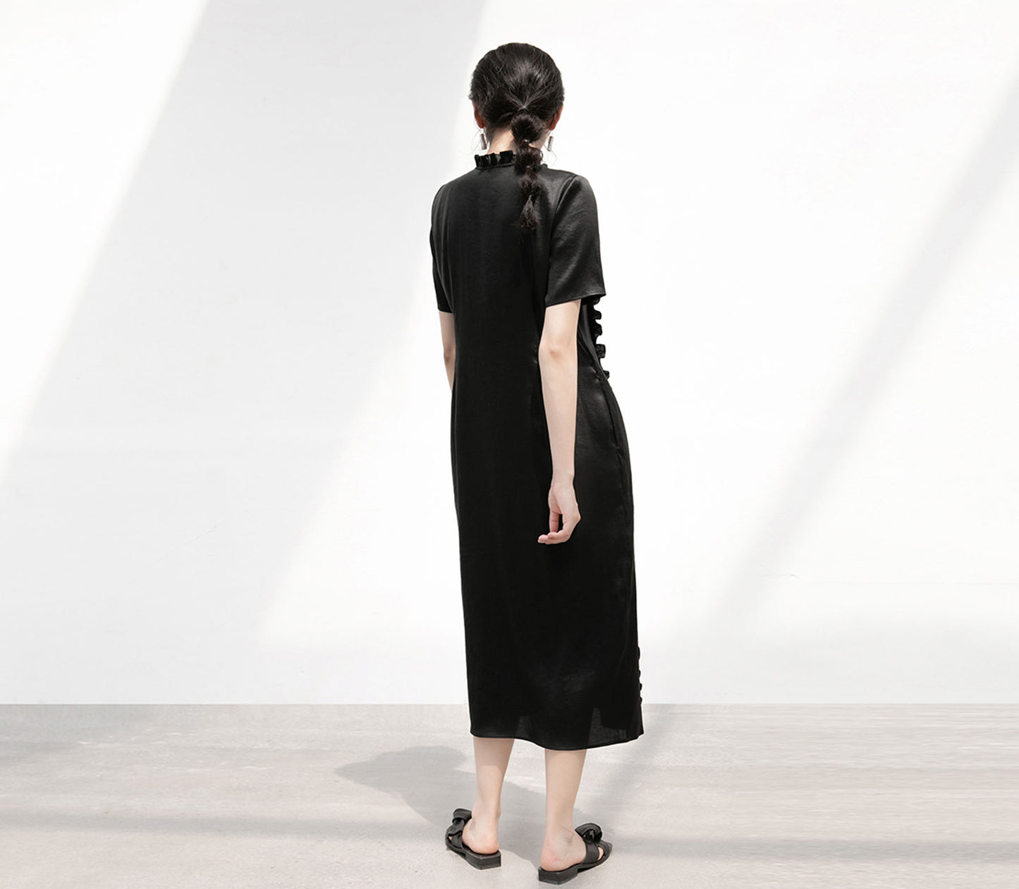 edoa Mud Silk Charmeuse Ruffle Qipao