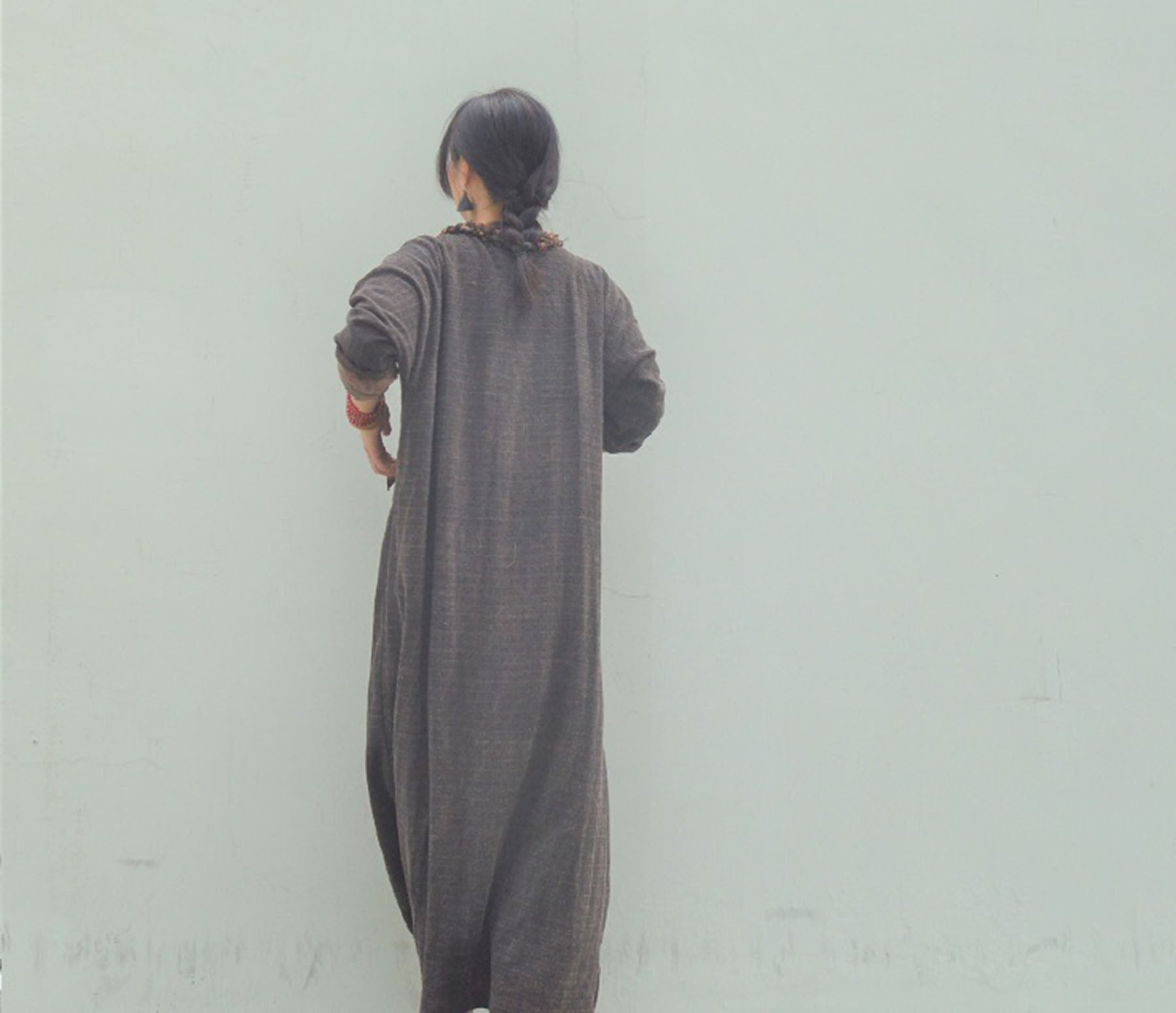 edoa Mud Tussah Silk Jacquard Loose Fitting Long Dress