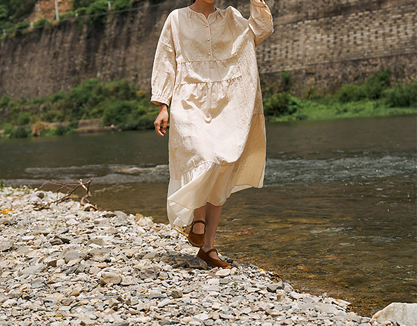 edoa Super Loose Fitting Tussah Silk Patchwork Tunic Dress