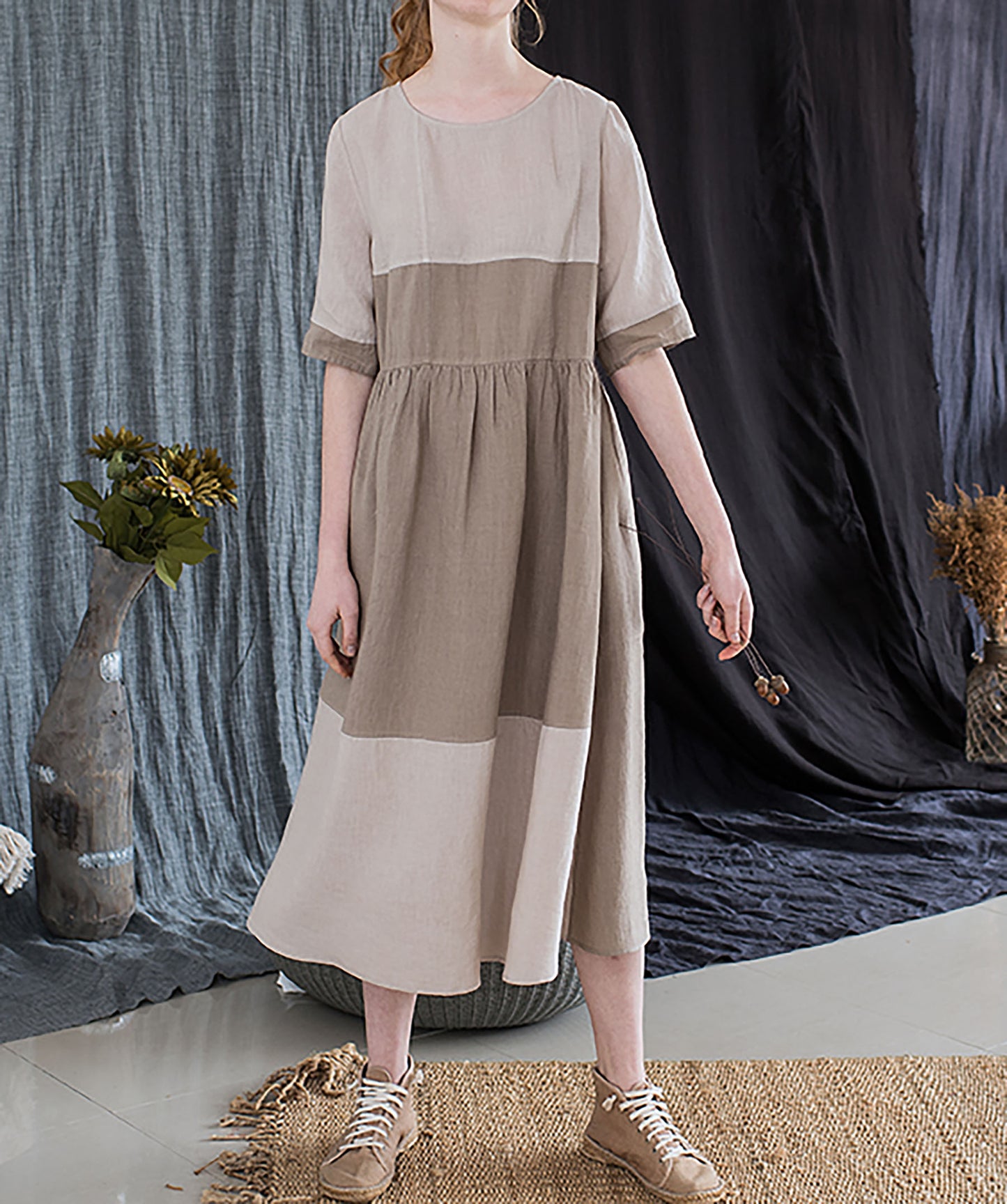 edoa Nordic Forest Series Linen Earth Tone Patchwork Half-Sleeve Dress