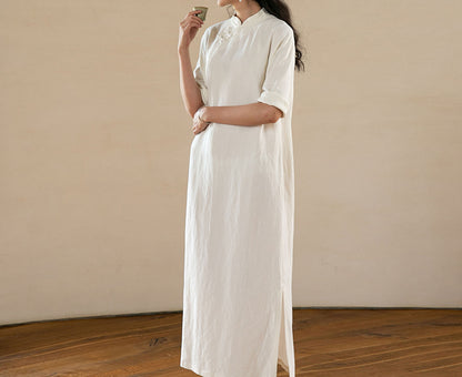 edoa Half Sleeves Silk Linen Blend Qipao
