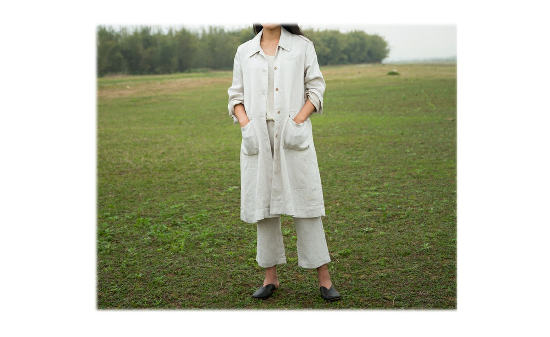 edoa Unisex Flax Linen Trench Coat