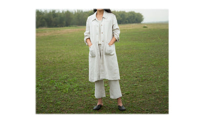 edoa Unisex Flax Linen Trench Coat