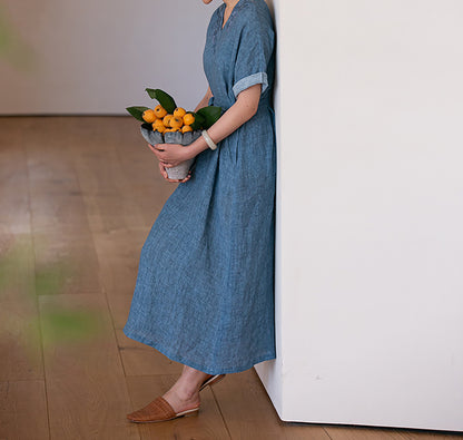 edoa Hand Embroidered Tie Dyed Ramie V-neck Kaftan Dress