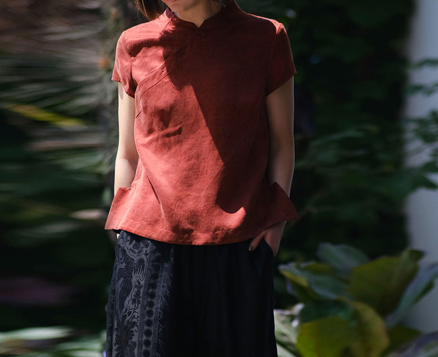 edoa Cracked Mud Silk Chinese Blouse with Wing Slits