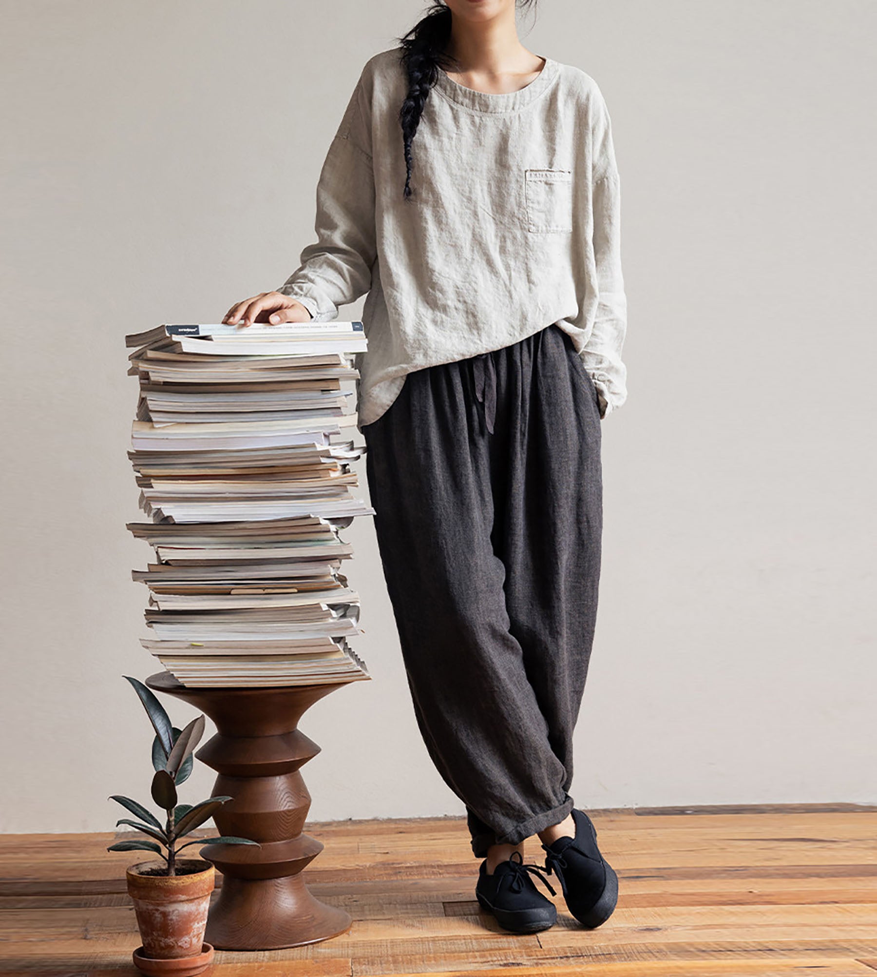 edoa Loose Fit Linen Long Sleeve Pullover Shirt 
