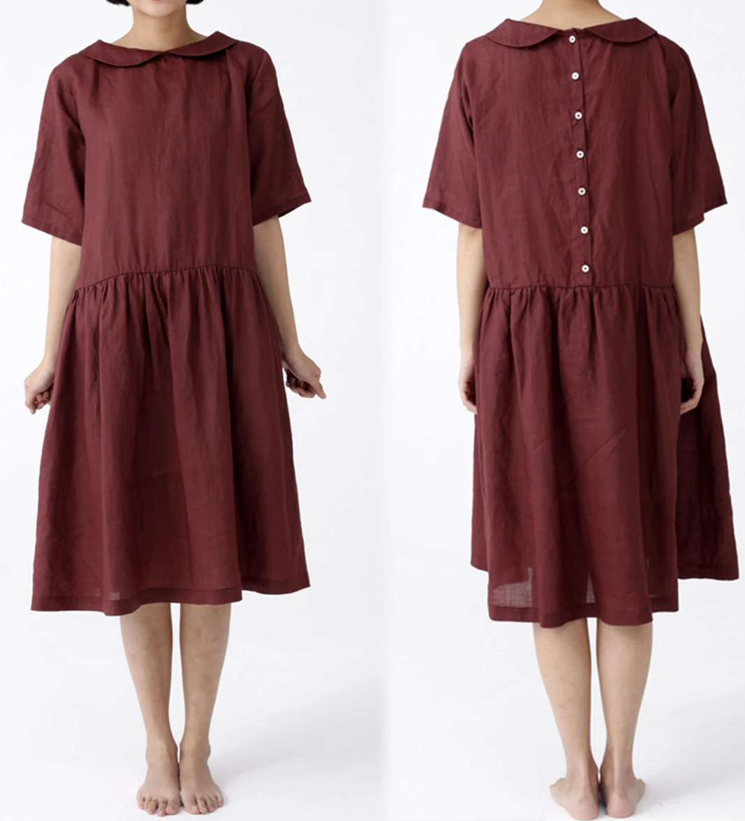 edoa Washed Ramie Peter Pan Collar Dress