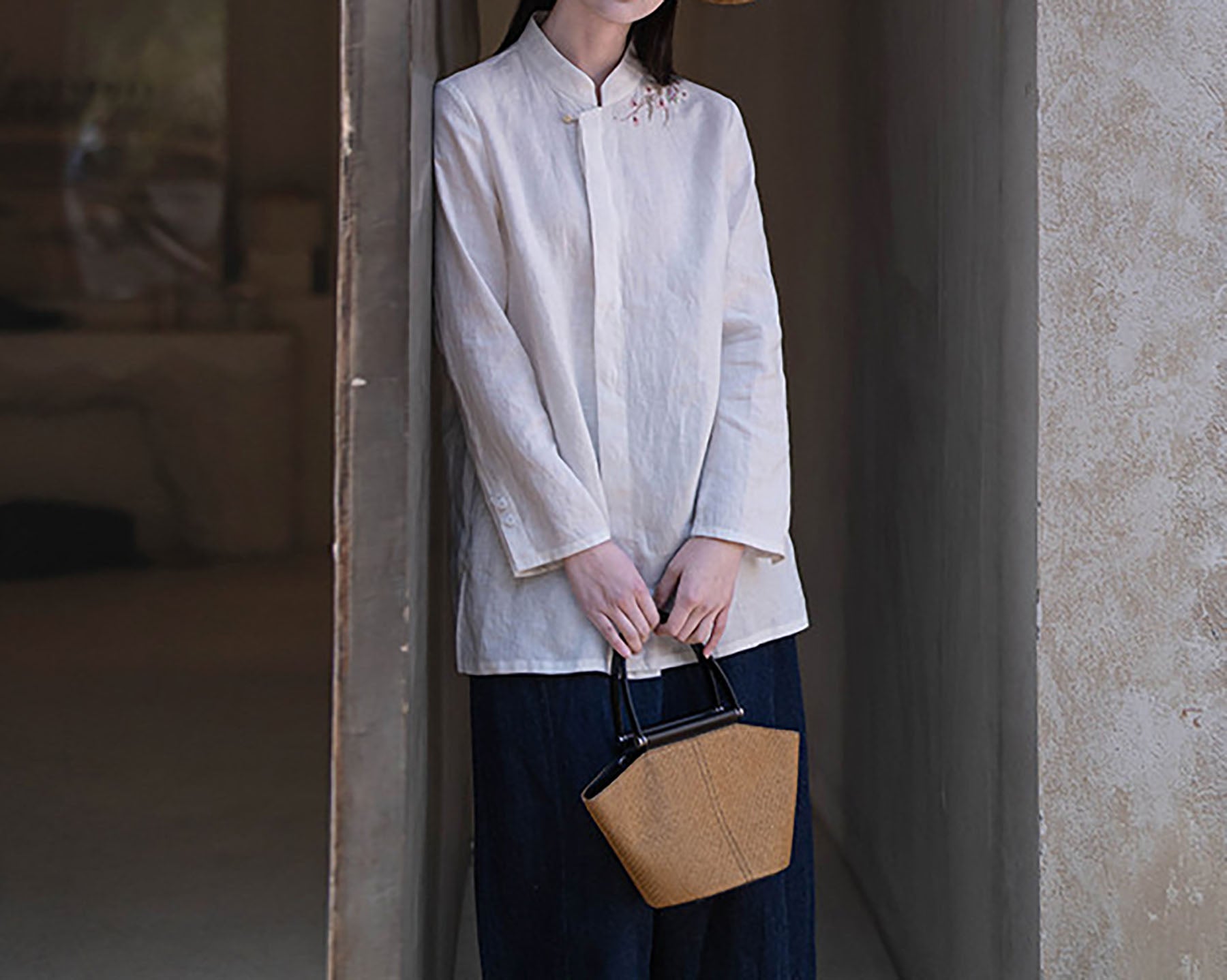 edoa White Linen Chinese Blouse with Hand Embroidery