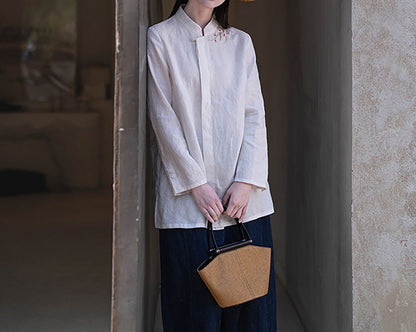 edoa White Linen Chinese Blouse with Hand Embroidery