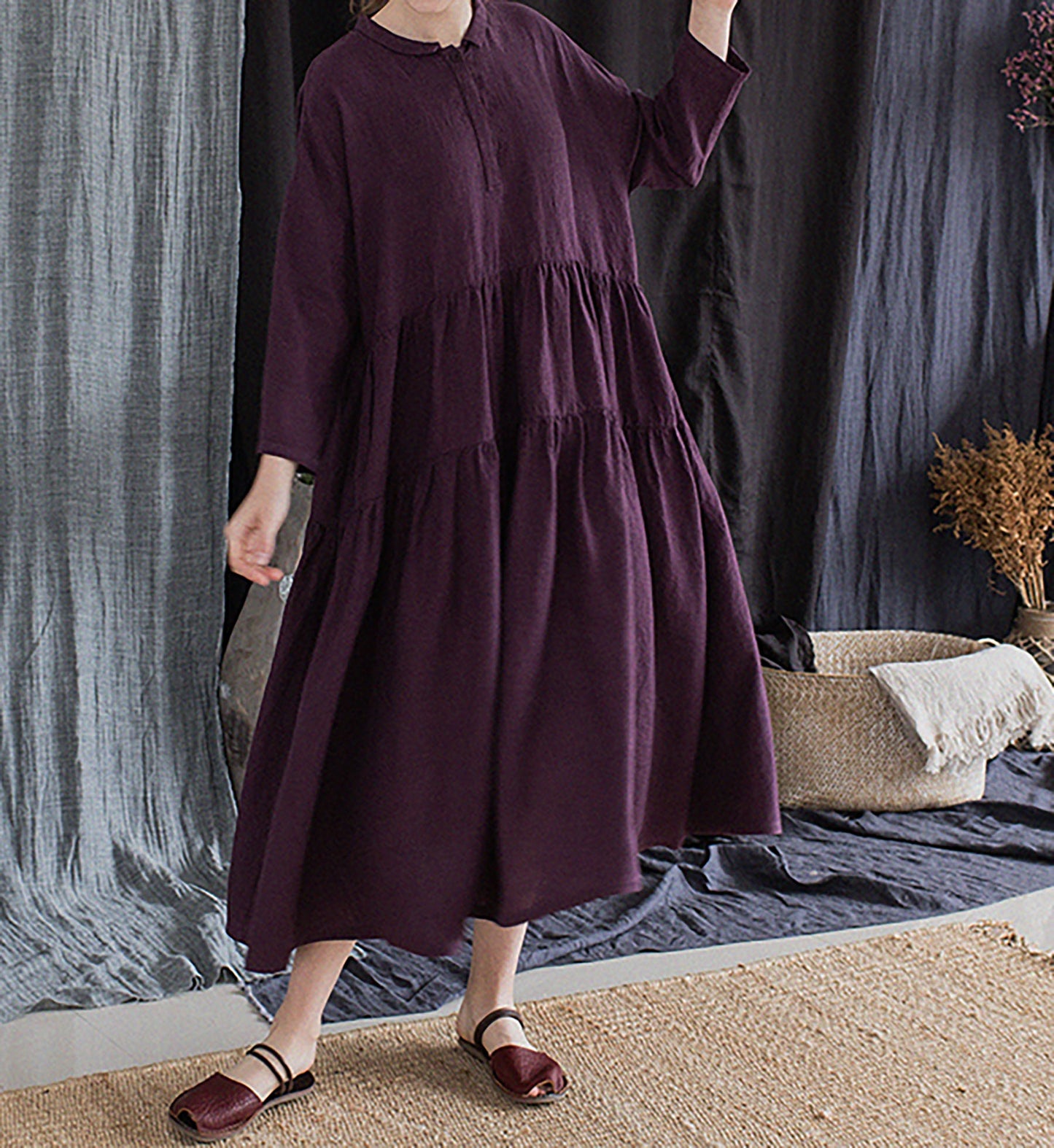 edoa Grape Purple Linen Peter Pan Collar Tiered Dress