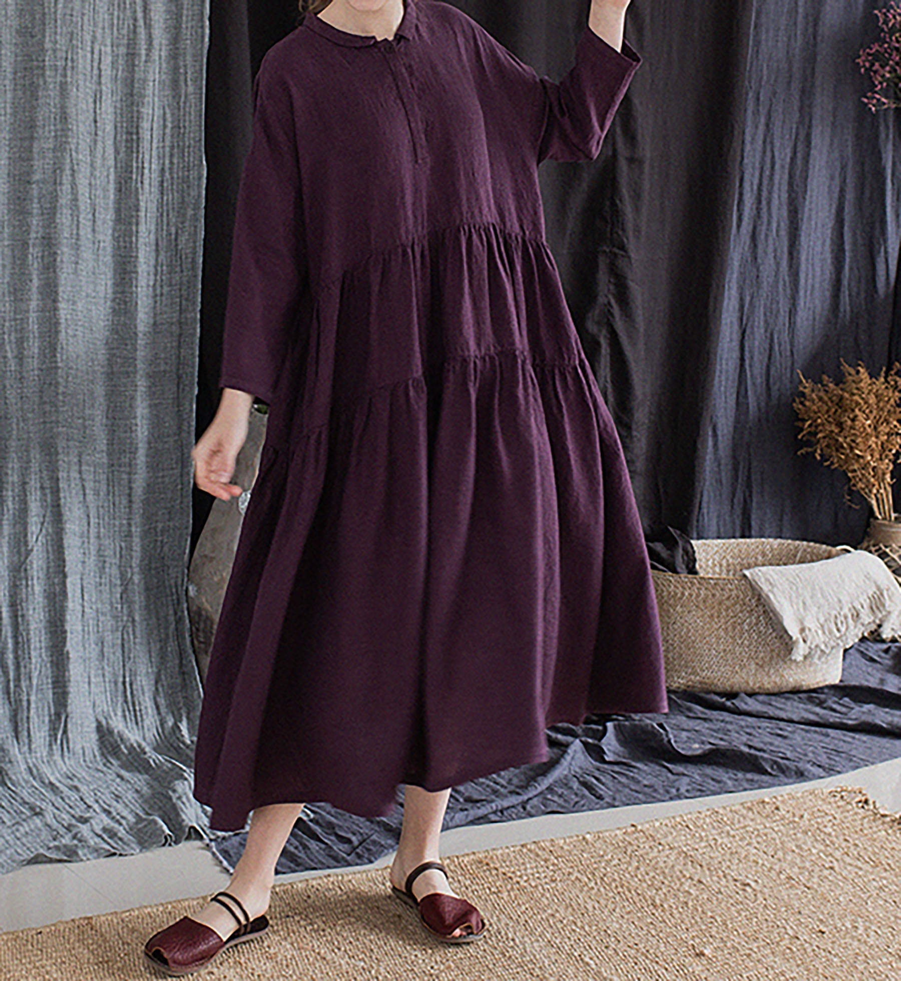 edoa Grape Purple Linen Peter Pan Collar Tiered Dress