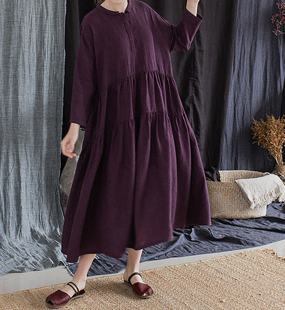 edoa Grape Purple Linen Peter Pan Collar Tiered Dress