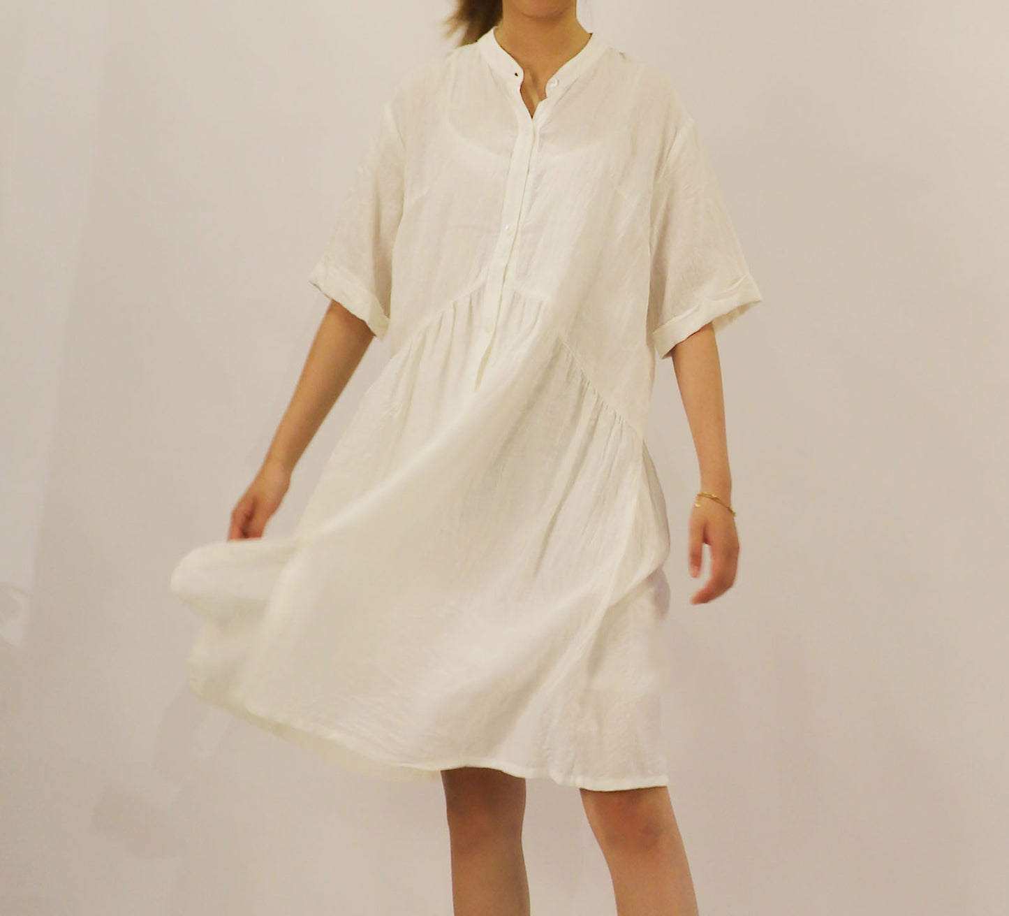 edoa Stand Collar Washed Linen Shirt Dress
