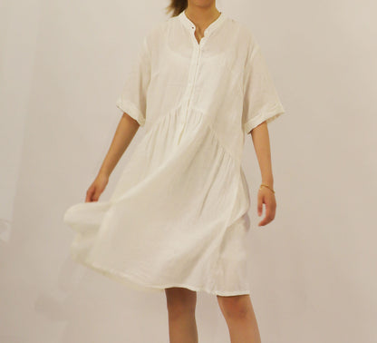 edoa Stand Collar Washed Linen Shirt Dress