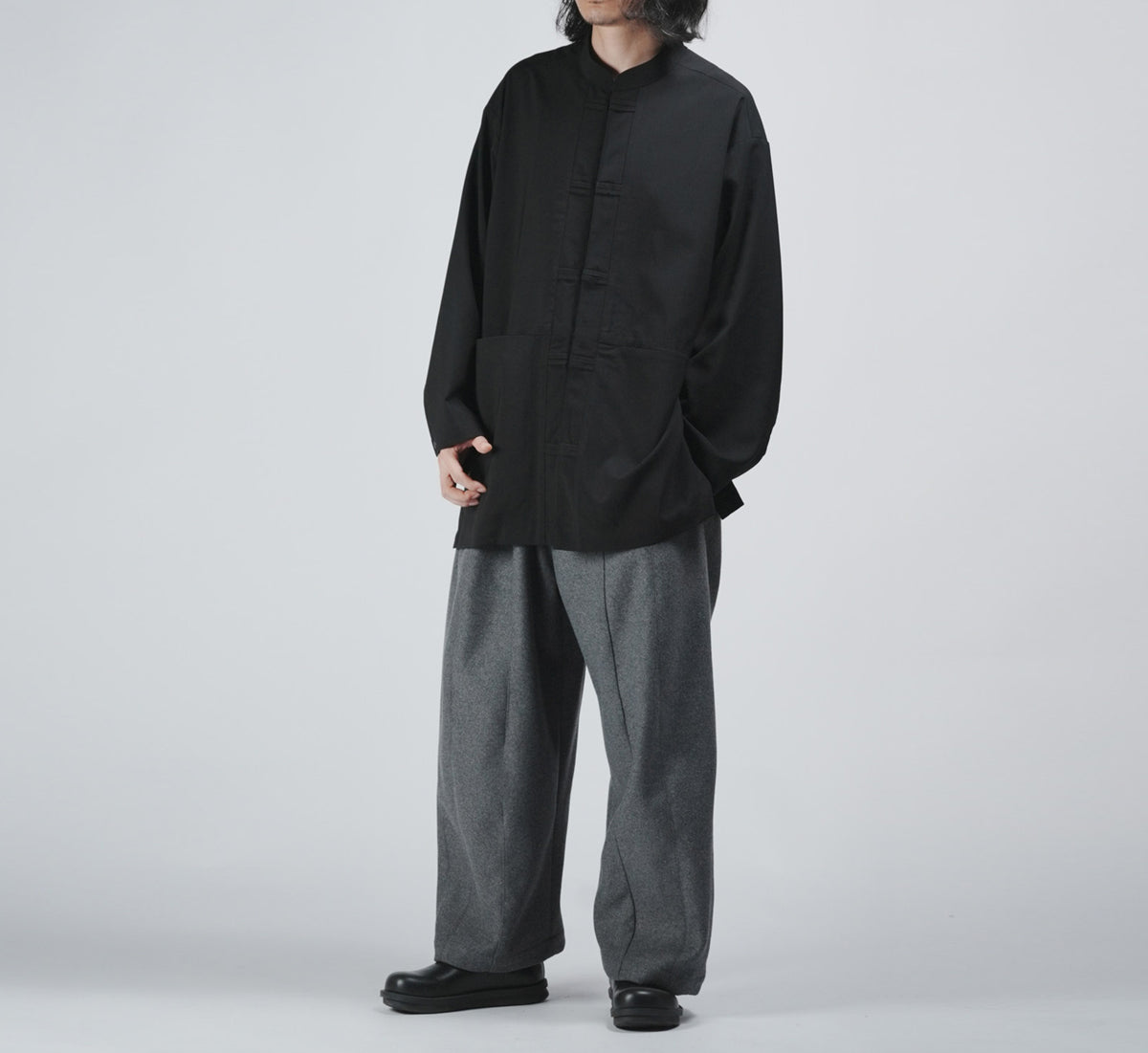 edoa Casual Loose fit Chinese Style Stand Collar Thin Woolen Kung Fu Over Shirt