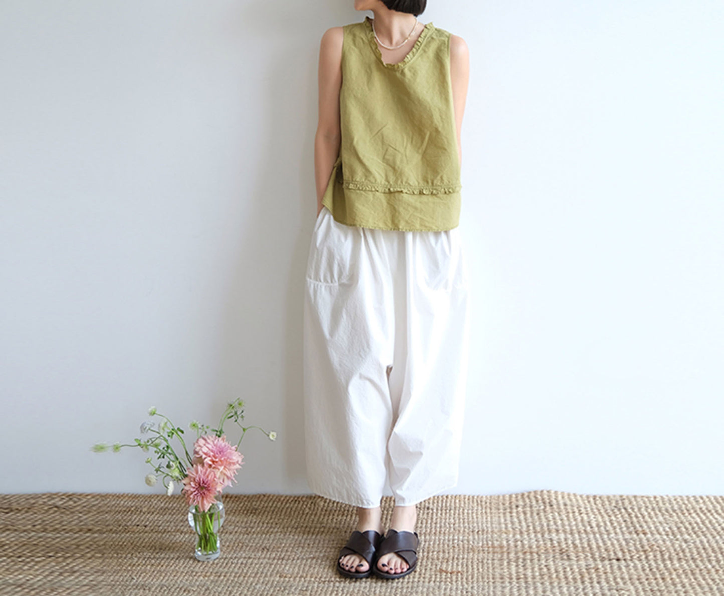 edoa Linen A-line Ruffle Tank Top