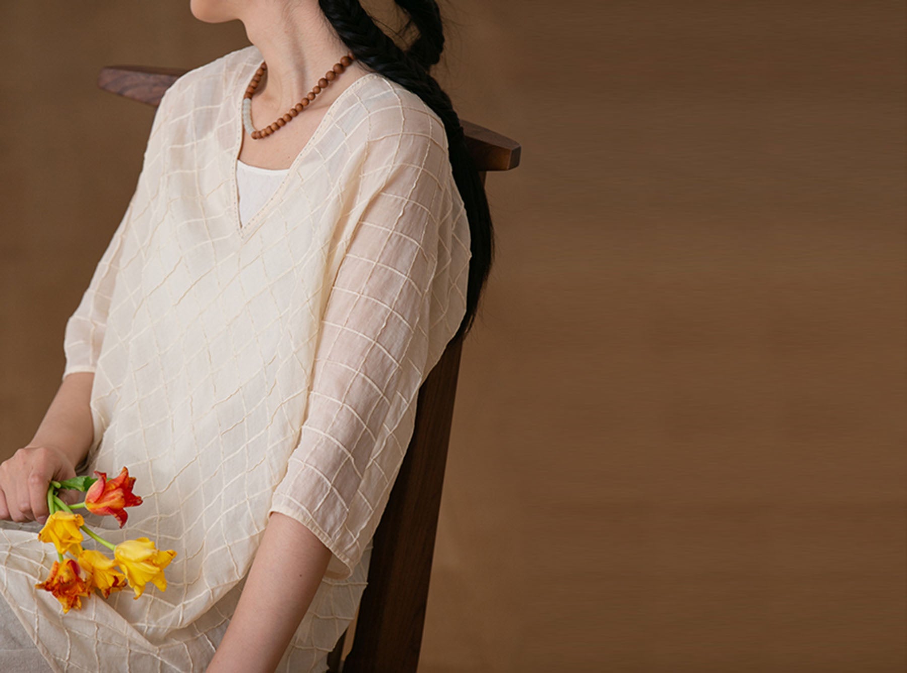 edoa High Counted Cotton Pintucked V-neck Blouse 