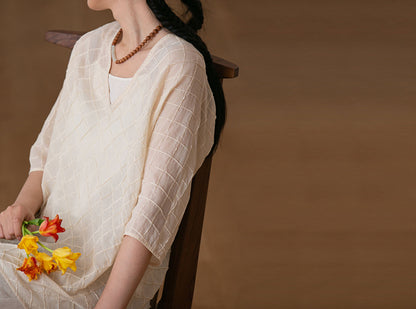 edoa High Counted Cotton Pintucked V-neck Blouse 