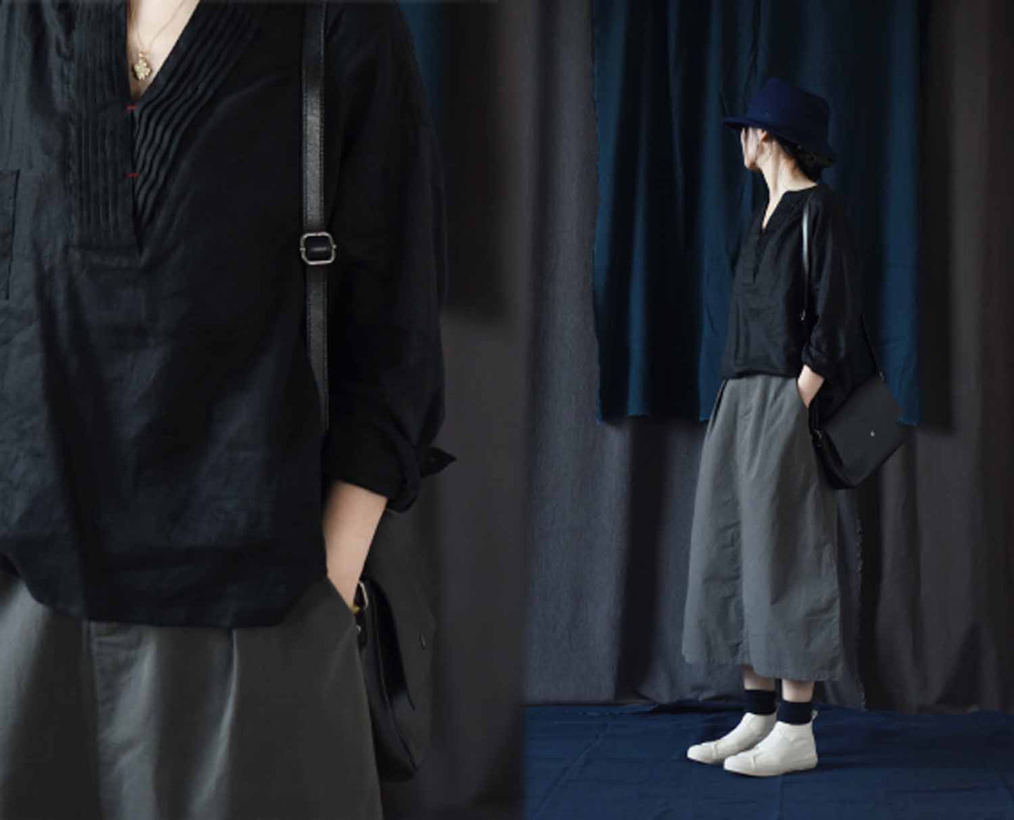 edoa Black V Neckline Pintucked French Linen Shirt