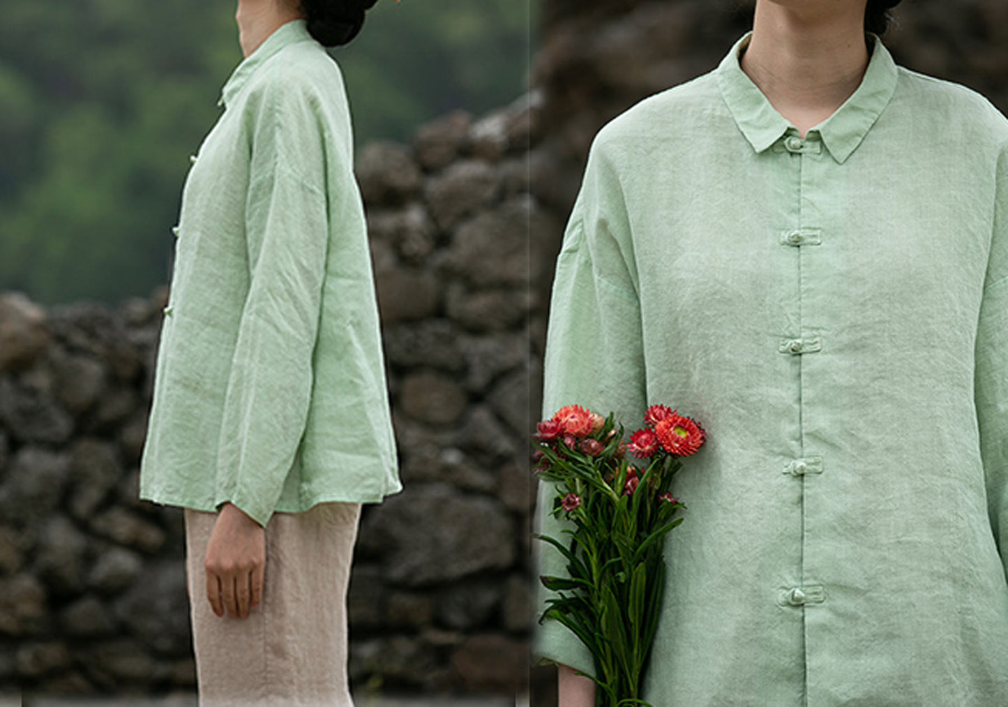 edoa Washed Linen Modified Cheongsam Blouse