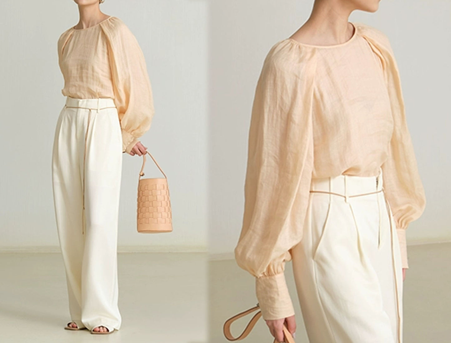 edoa Ramie Pleated Long Lantern Sleeve Blouse