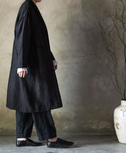 edoa Black Linen Shawl Collar Coat