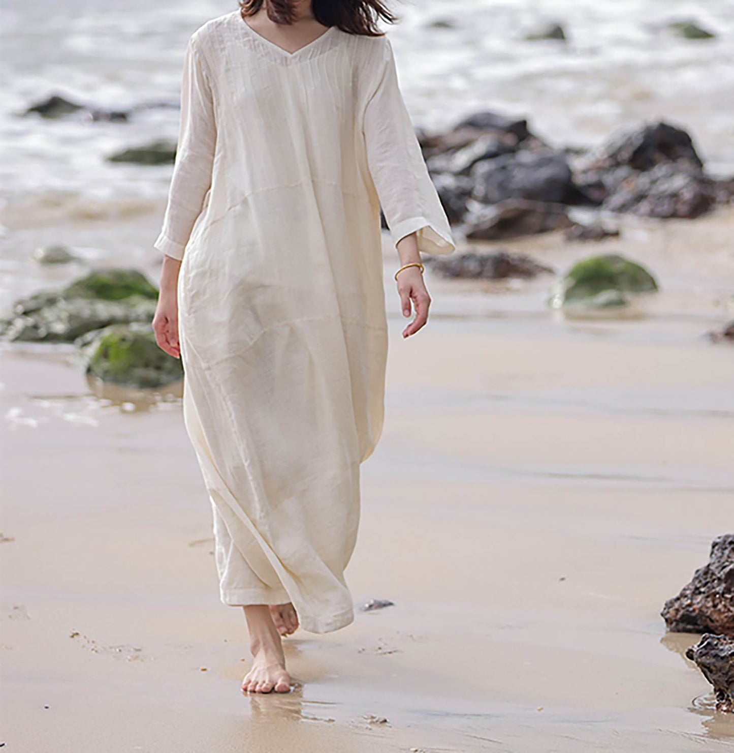 edoa Oversized Hand Pintucked Linen Ankle-length Dress
