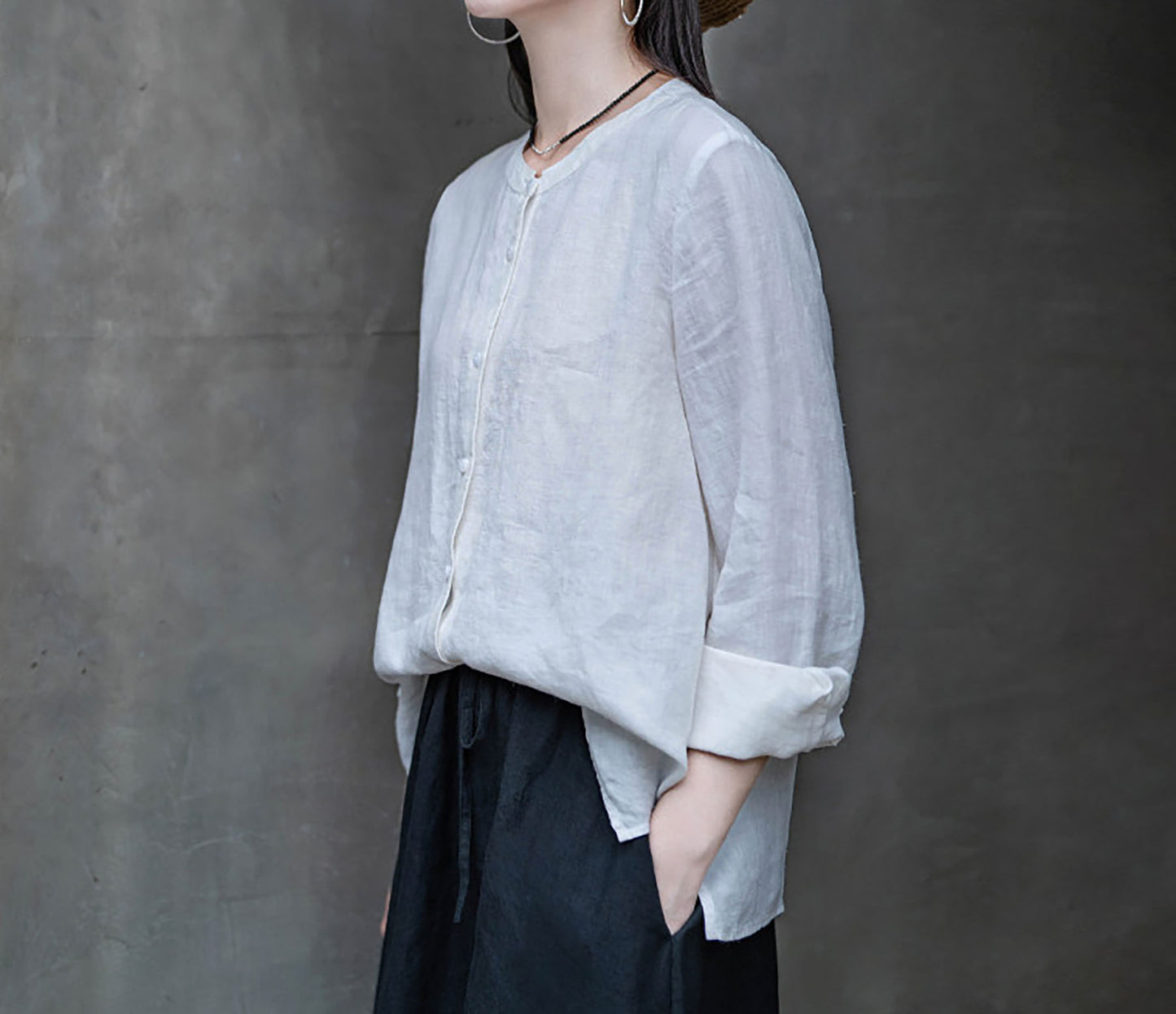 edoa White Linen Button Down Chinese Blouse