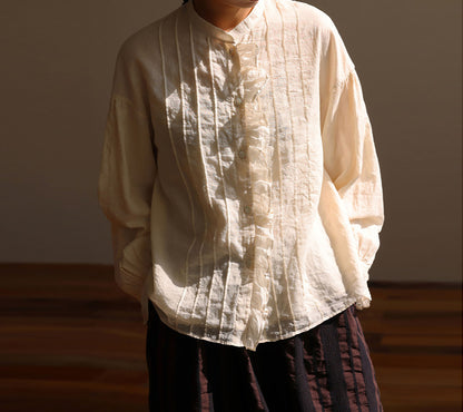 edoa Elegant Double-layer High Counted Long Staple Cotton Pintucked Ruffle Blouse
