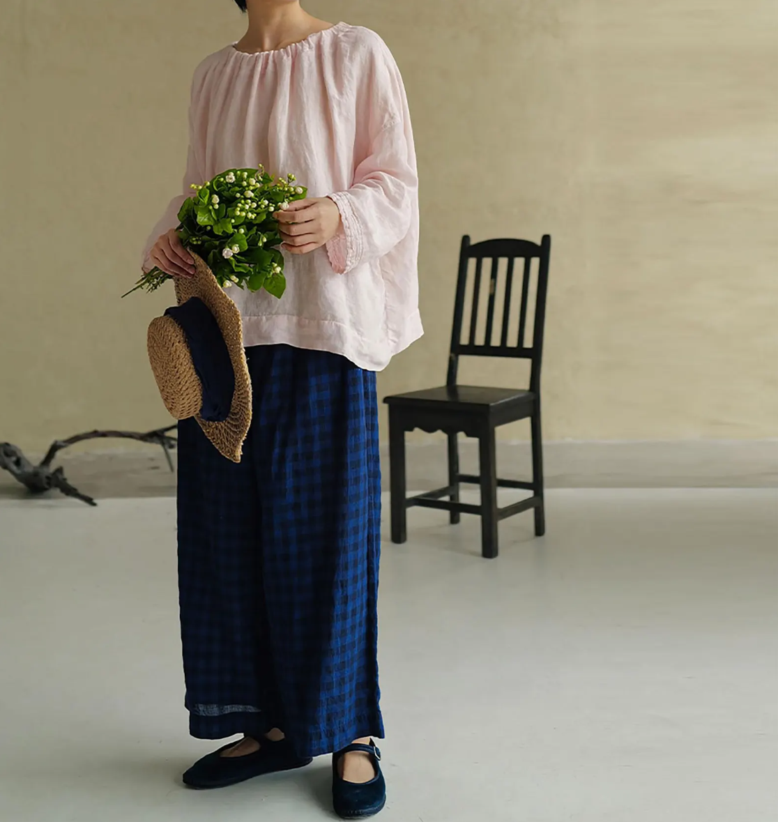 edoa Pink High Counted Linen Gather Blouse