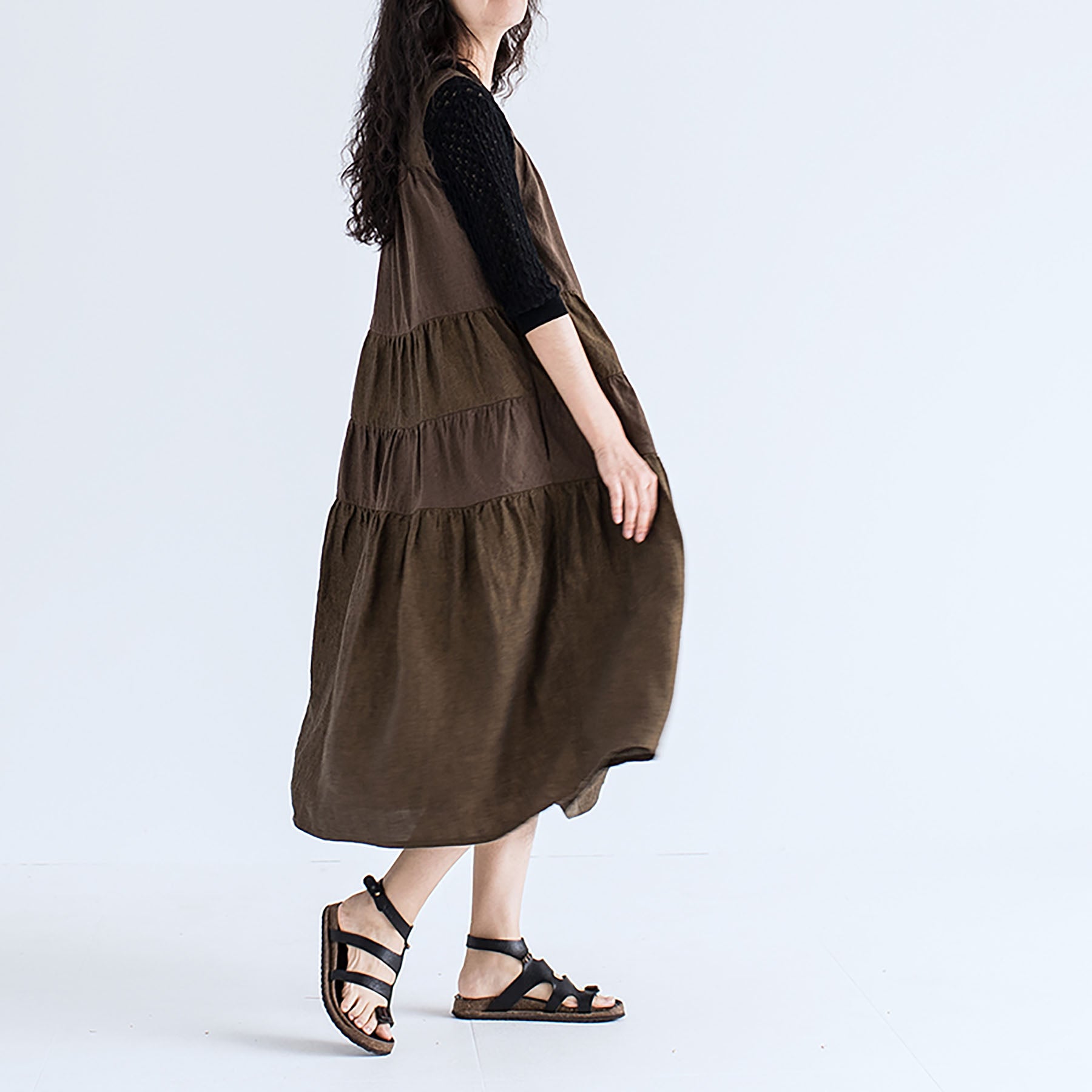 edoa Brown Two-tone Linen Tired Midi Dress