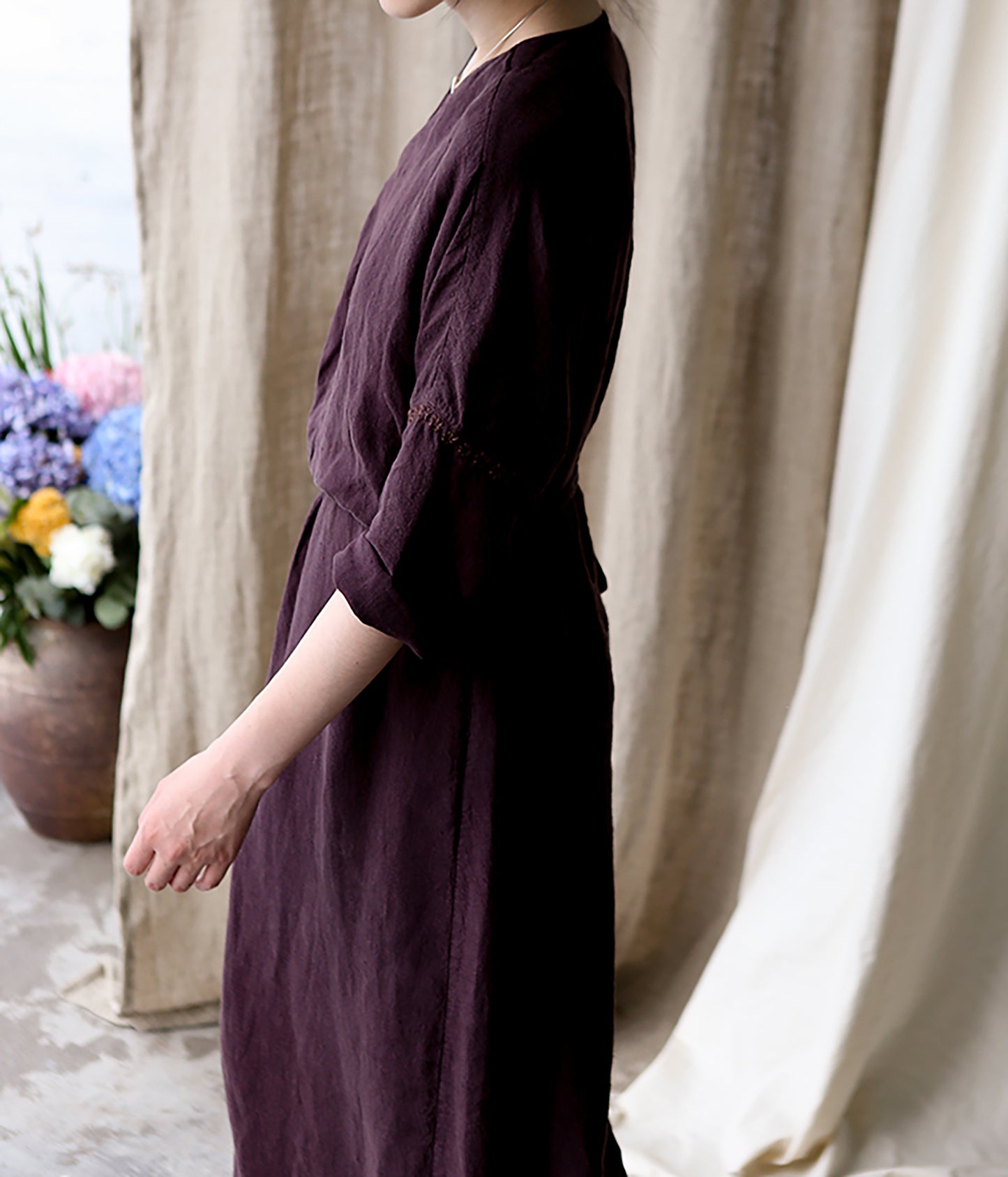 edoa Linen Wrap Dress with Hand Embroidery