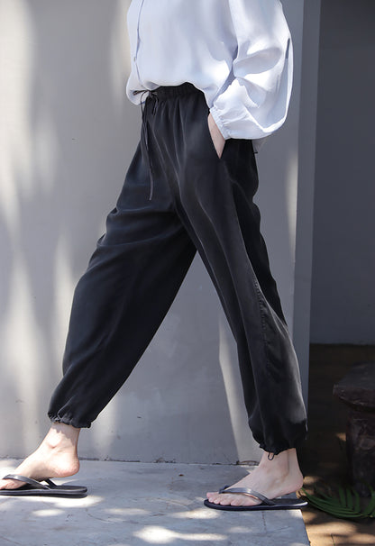 edoa Black Sand Washed Mulberry Silk Habotati Tapered Pants