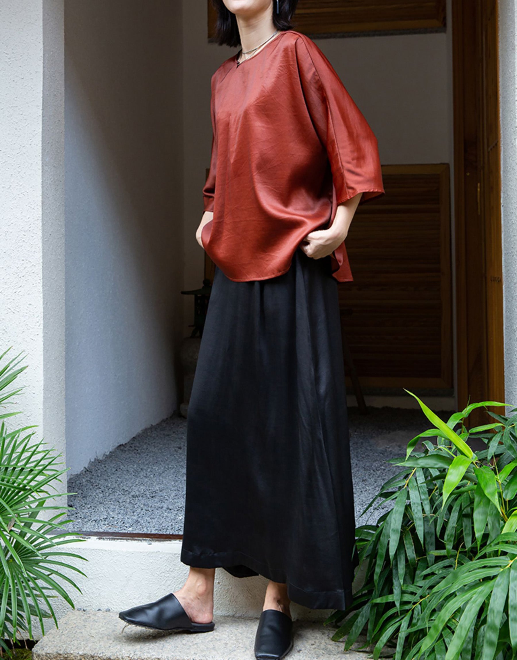 edoa Rust Mud Silk Satin Blouse 