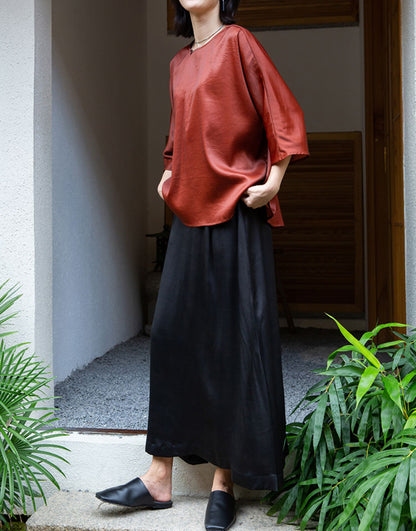 edoa Rust Mud Silk Satin Blouse 