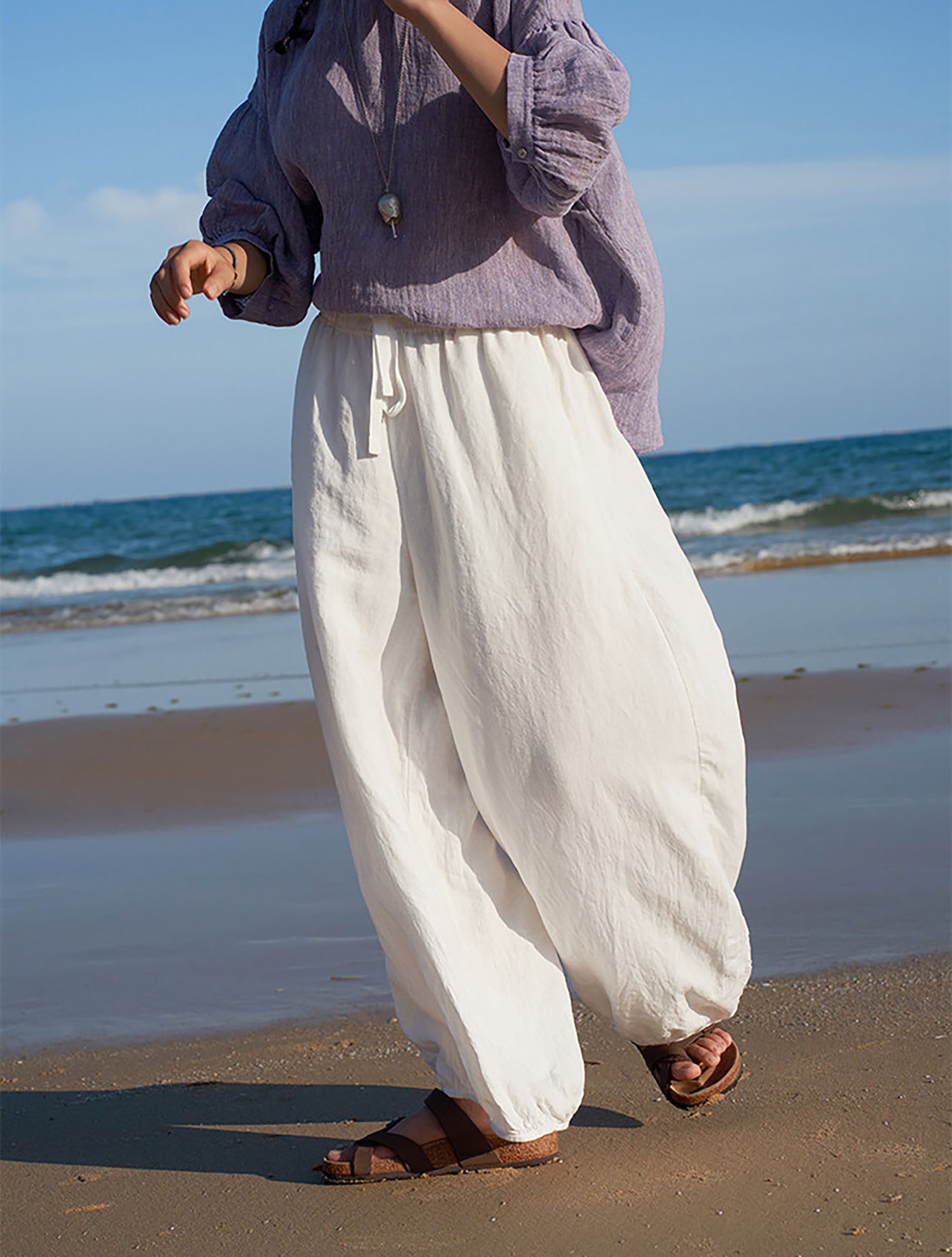 edoa White Linen Balloon Silhouette Trousers 