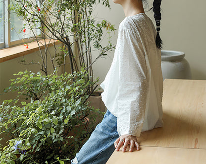 edoa Flocked Polka Dot Cotton Pintuck Blouse