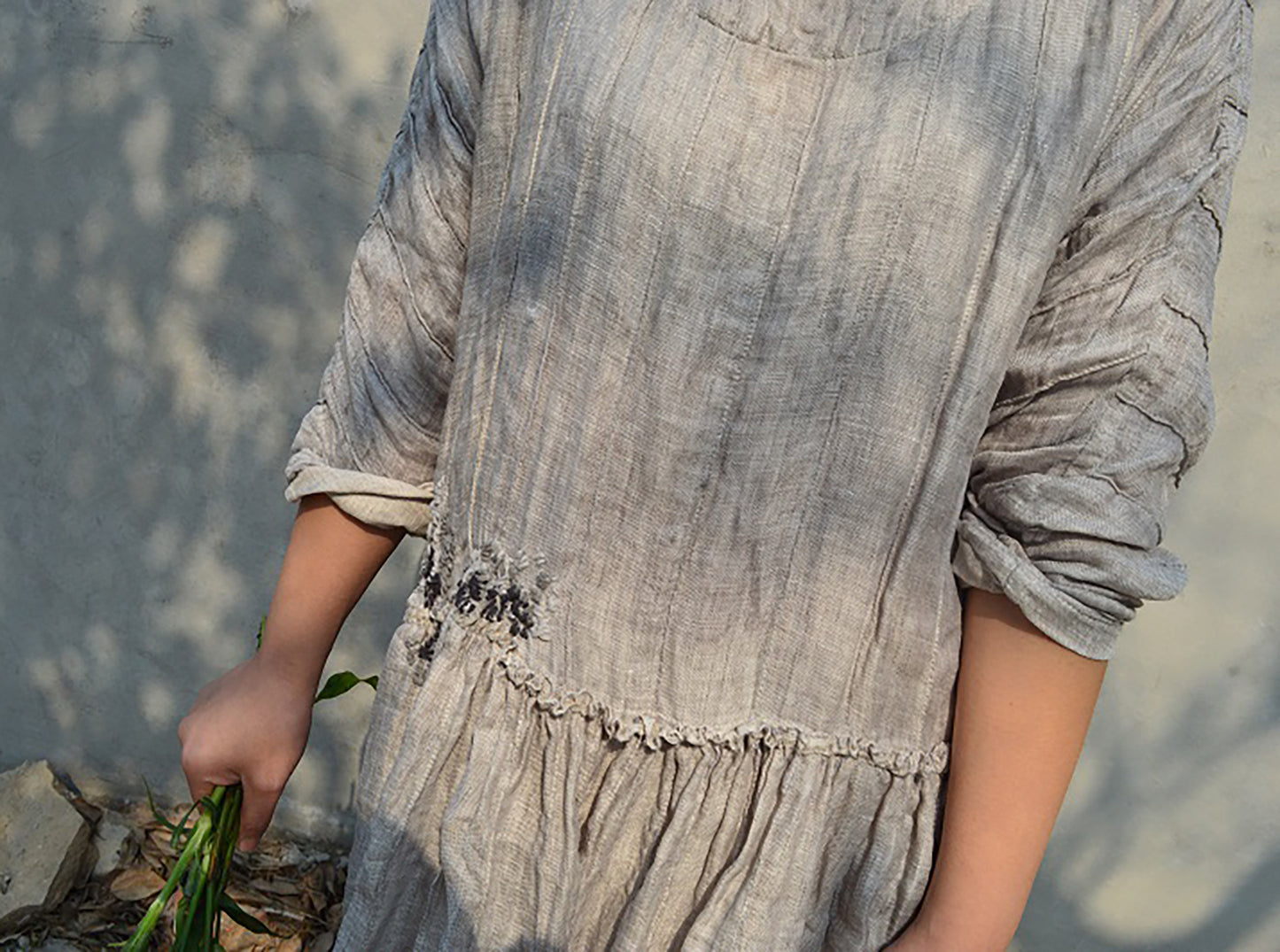 edoa Double Layered Pintucked Yarn dyed Linen Dress