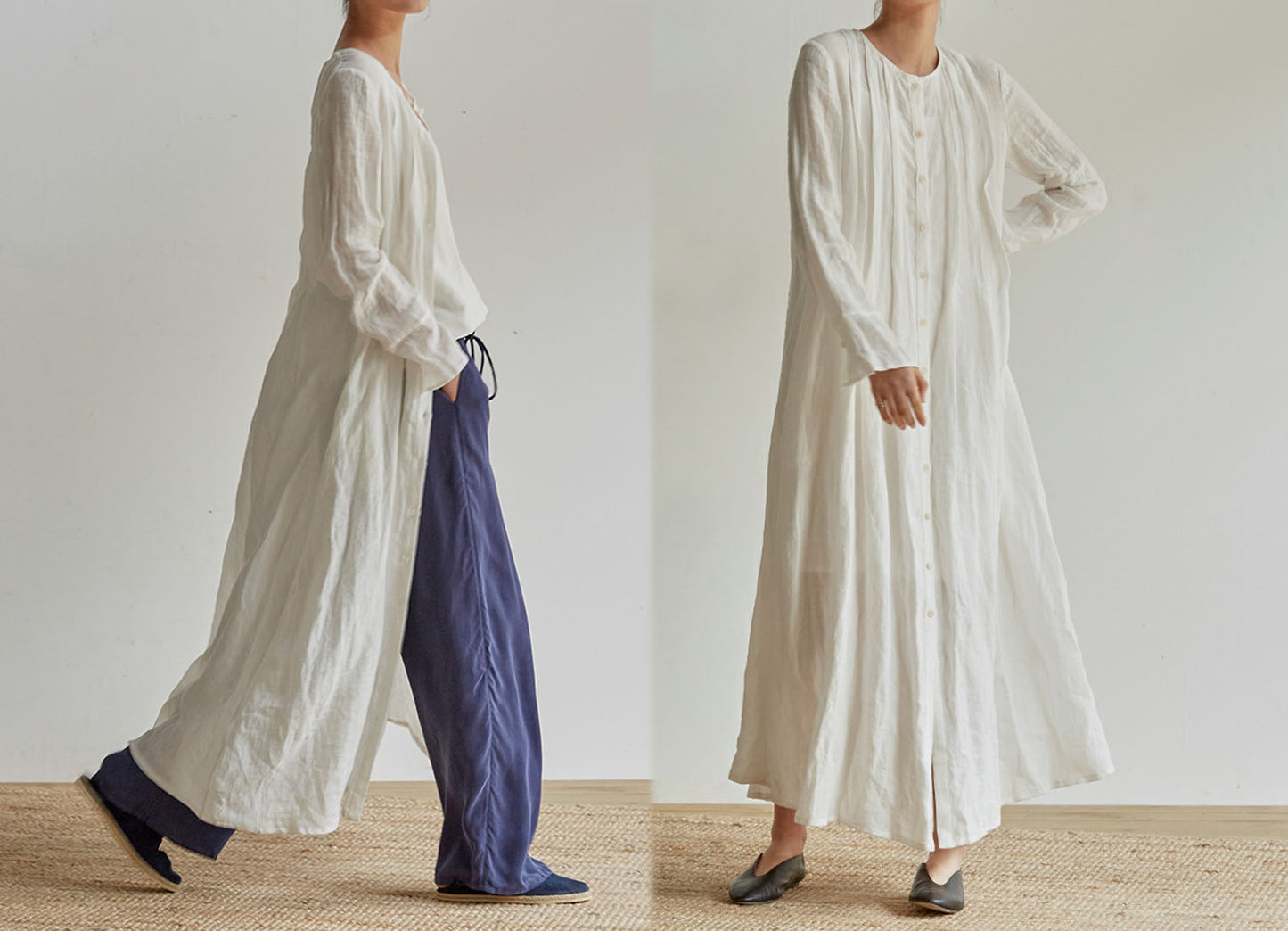 edoa Pleated French Linen 2 Way Maxi Coat Dress