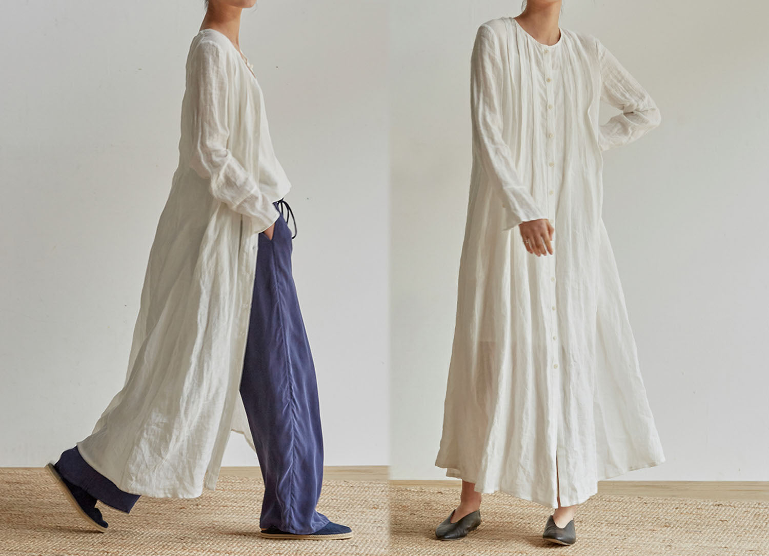 edoa Pleated French Linen 2 Way Maxi Coat Dress
