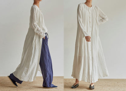 edoa Pleated French Linen 2 Way Maxi Coat Dress