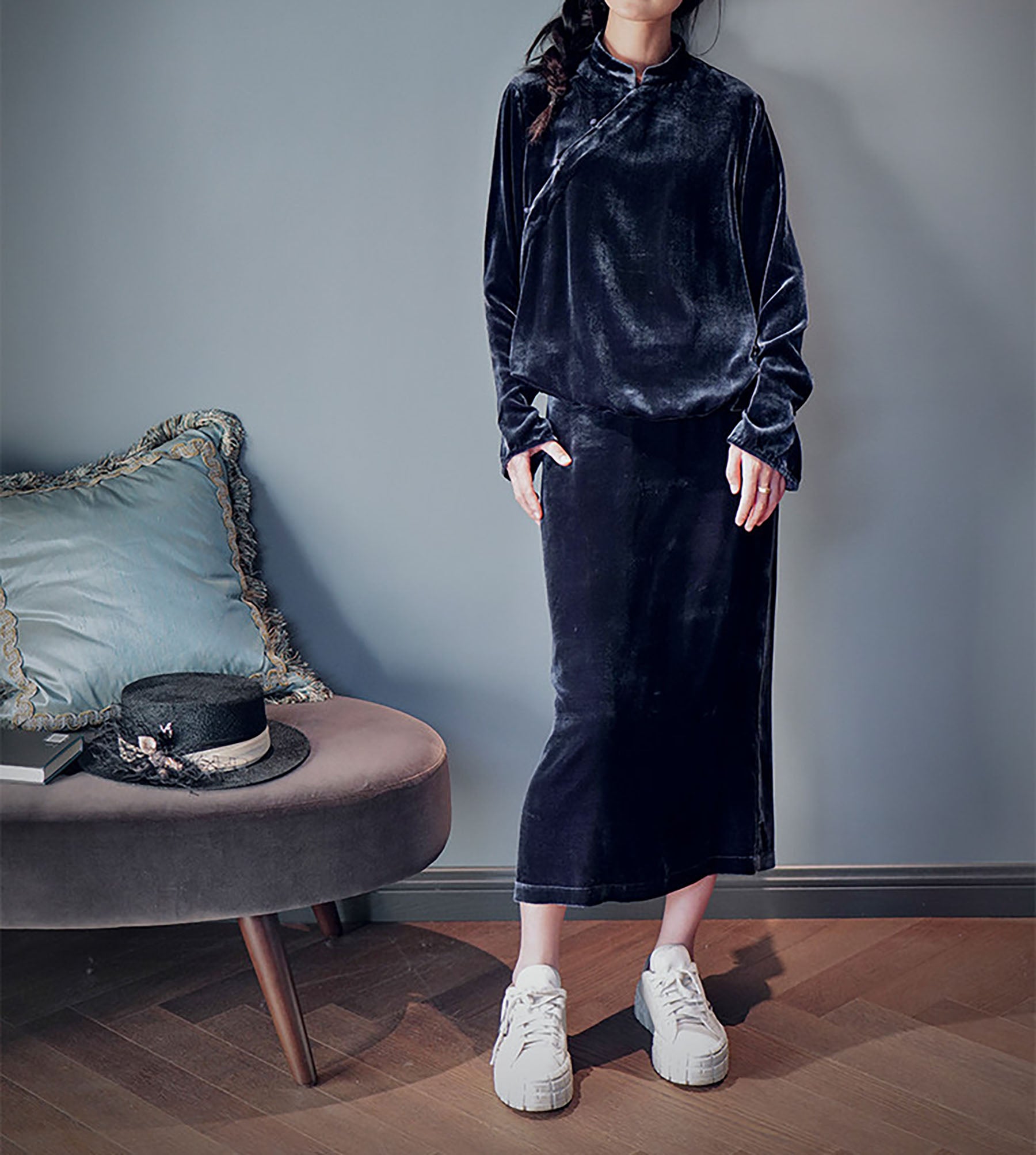 edoa Silk Velvet Chinese Blouse