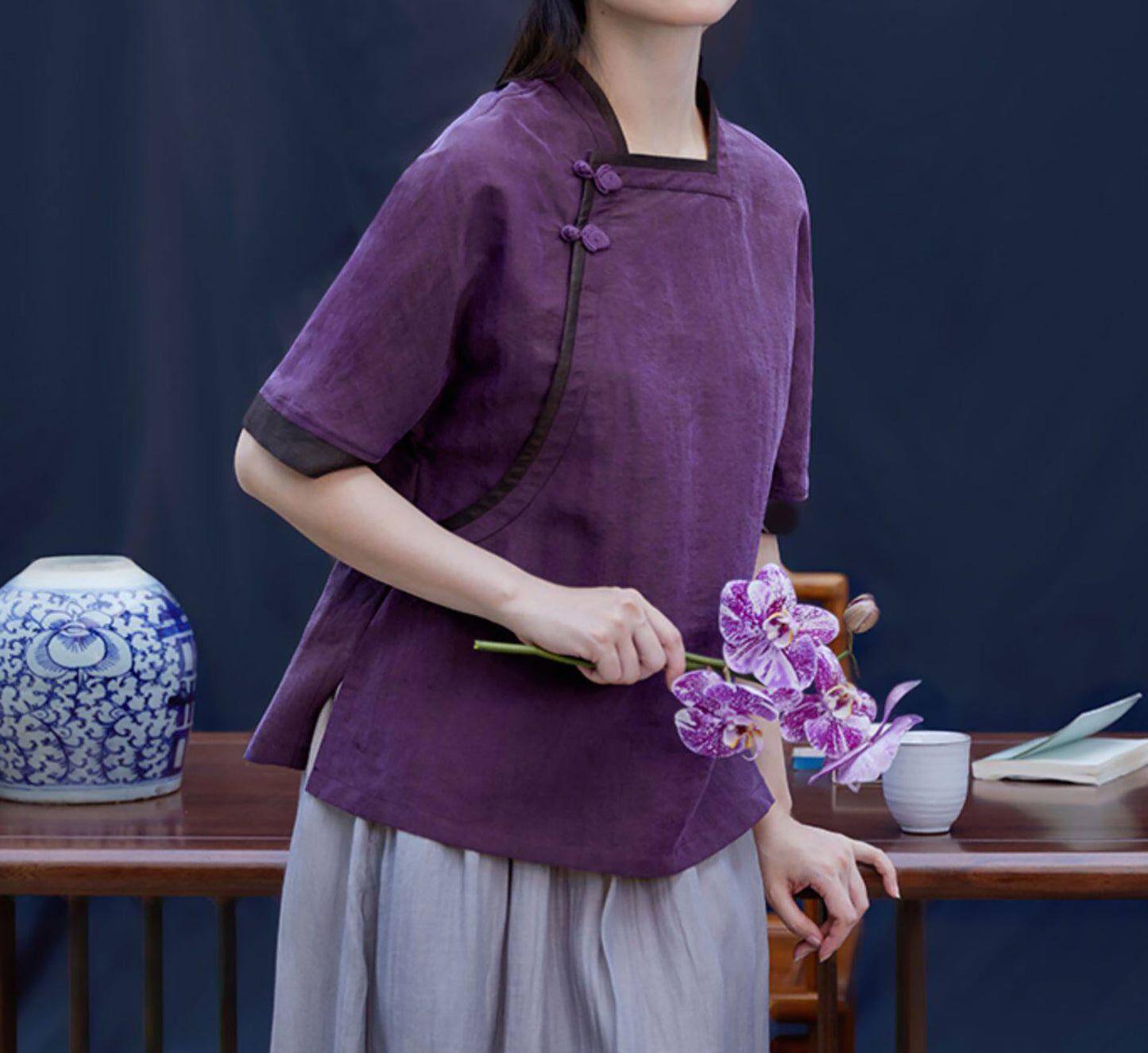 edoa Purple Cracked Mud Silk Chinese Blouse