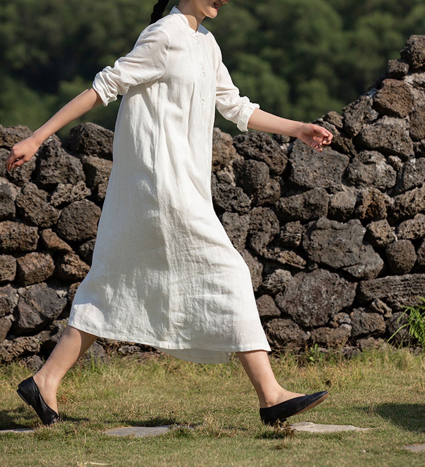 edoa Long Sleeve Pleated Linen Shirtdress