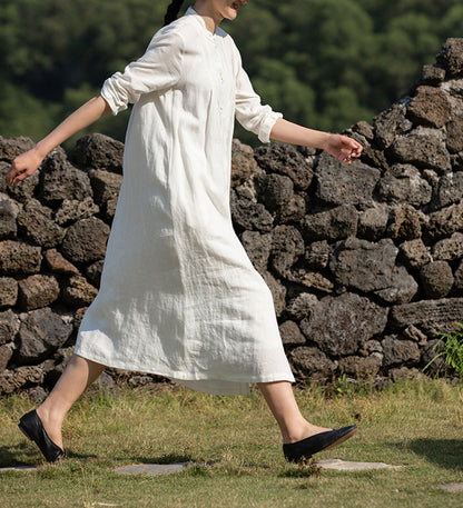 edoa Long Sleeve Pleated Linen Shirtdress