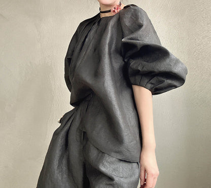 edoa Loose Cracked Mud Silk Bracelet Puff Sleeve Pleated Top