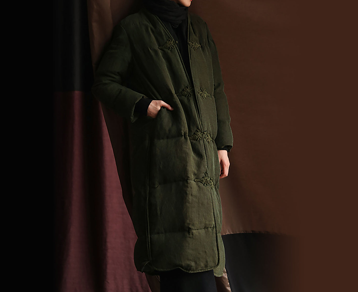 edoa Cracked Mud Silk Goose Down Long Coat