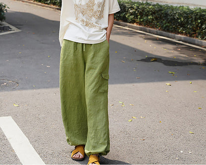 edoa Green Linen Elasticated Drawstring Waist Wide-leg Work Pants